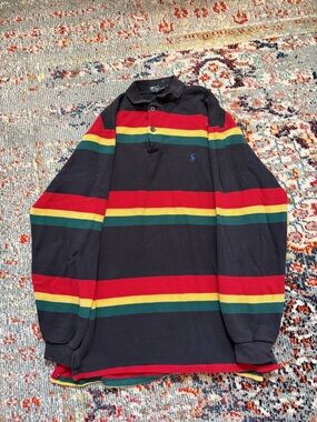 Polo by Ralph Lauren Black Rugby Shirt with Red, Green & Yellow Stripes